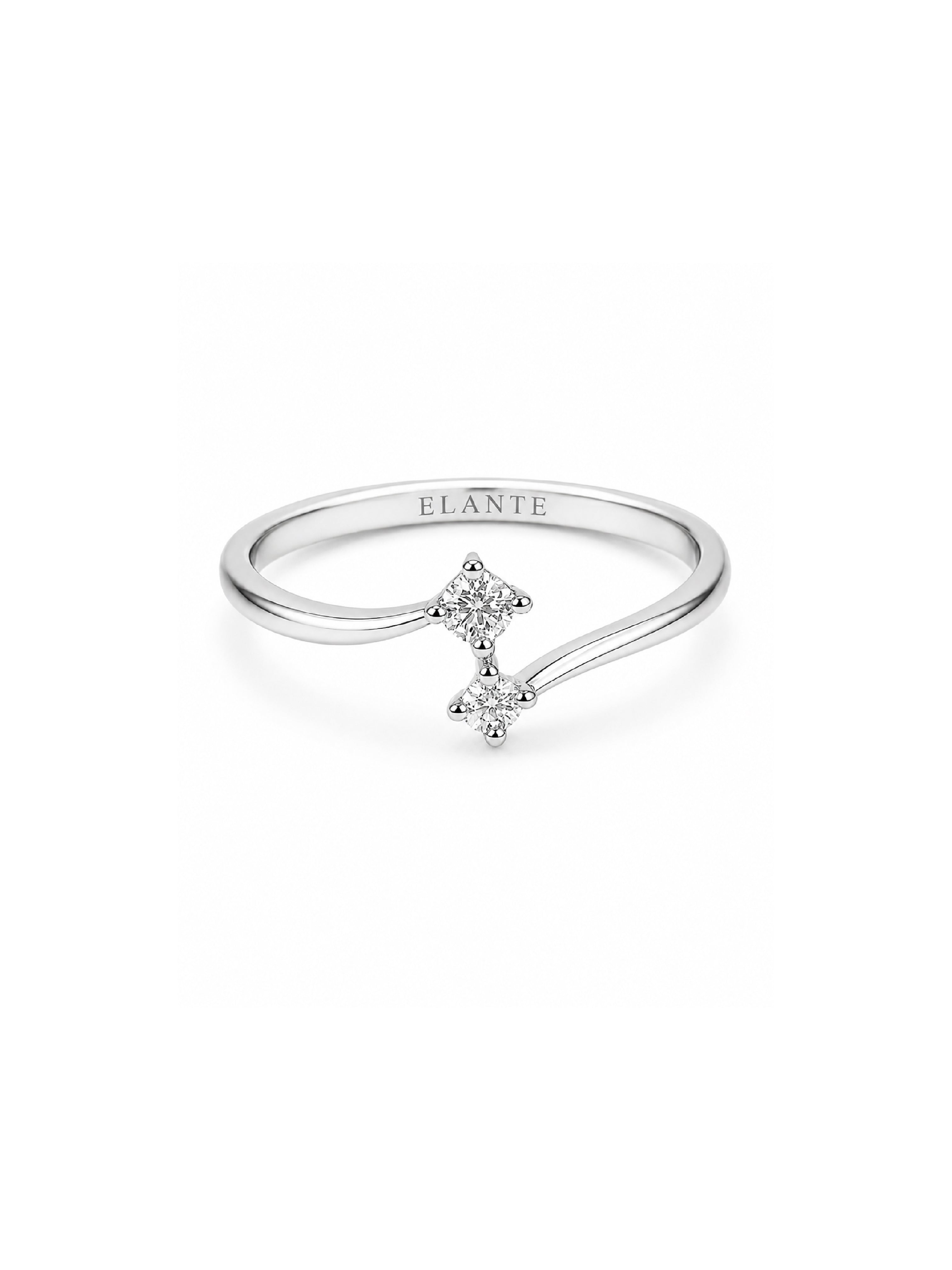 Silver ring with a diamond on a white background, branded 'Elante'.