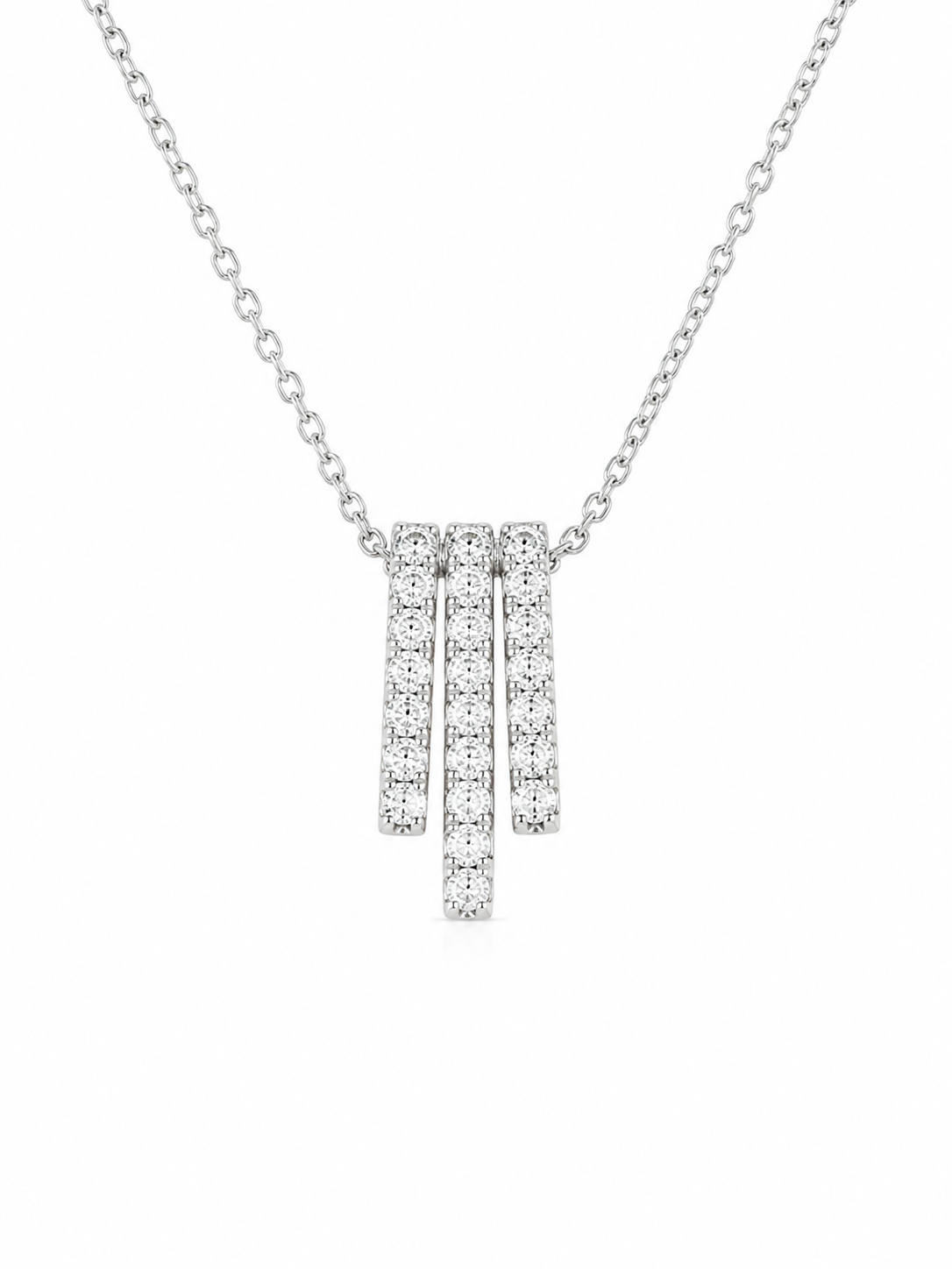 A silver-toned necklace with a pendant made of three vertical bar clusters set with small clear stones, shown on a plain white background.