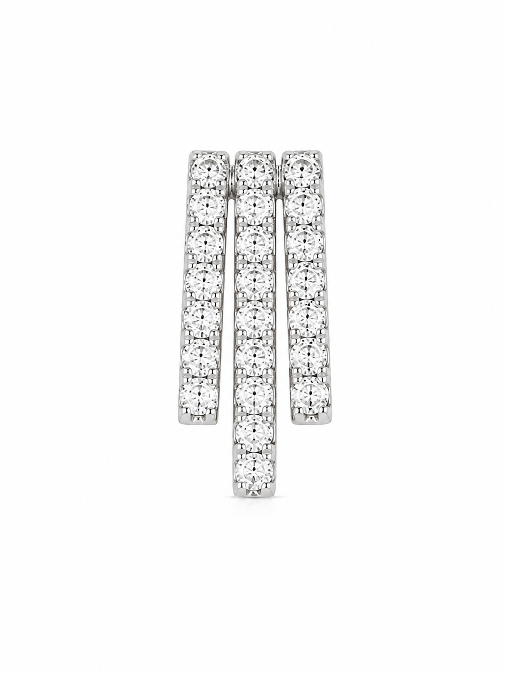 A silver-toned triple-bar huggie ring set with round-cut clear pavé diamonds, shown on a plain white background.