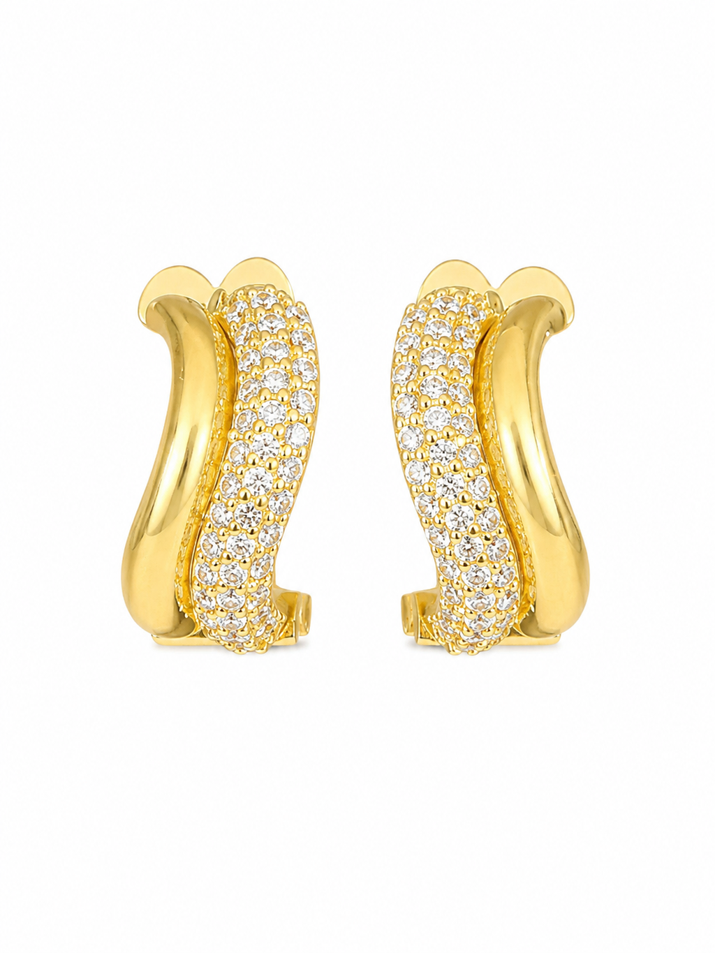 A pair of gold huggie hoop earrings with pavé-set clear stones, shown on a plain white background.