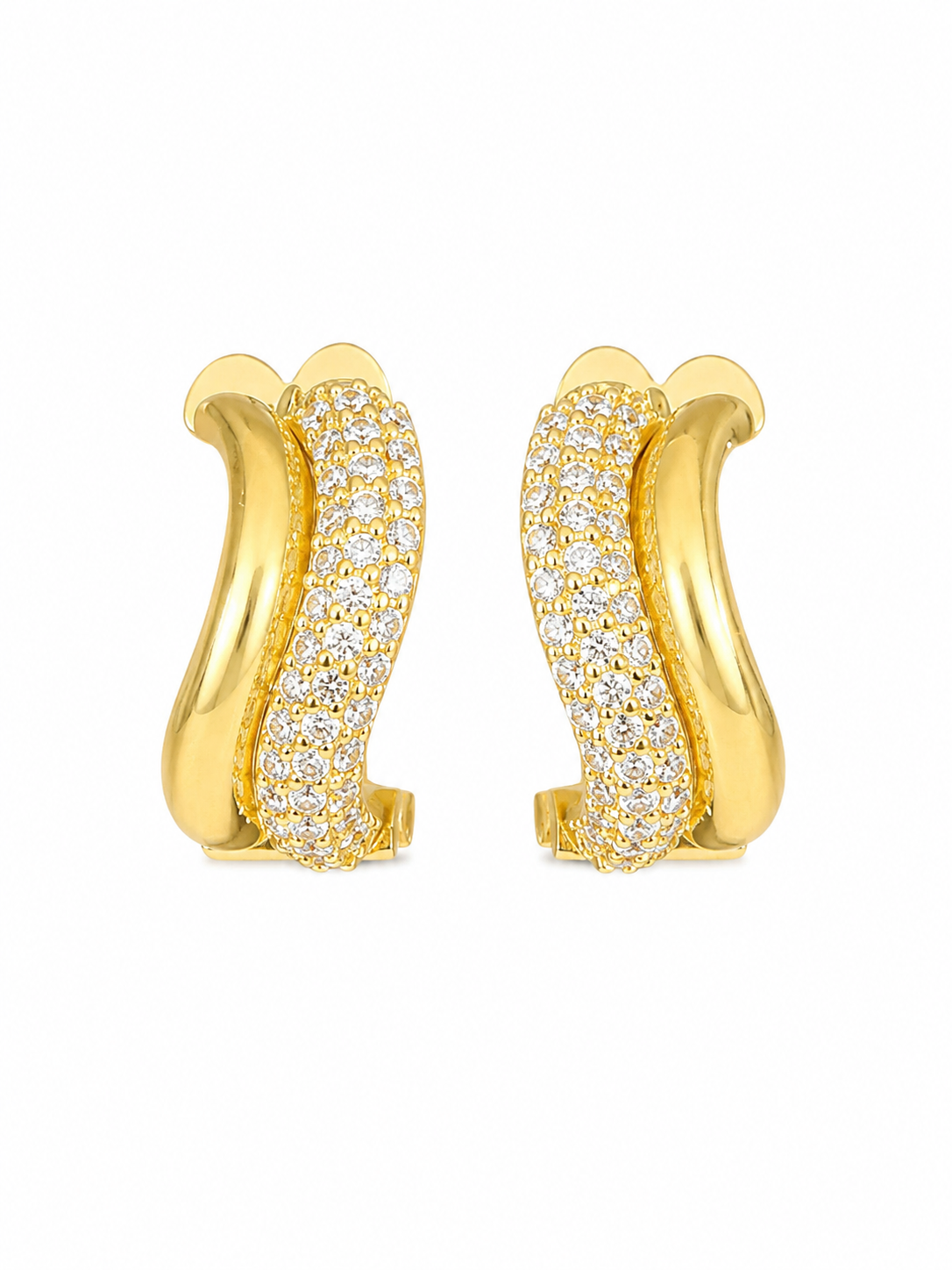 A pair of gold huggie hoop earrings with pavé-set clear stones, shown on a plain white background.