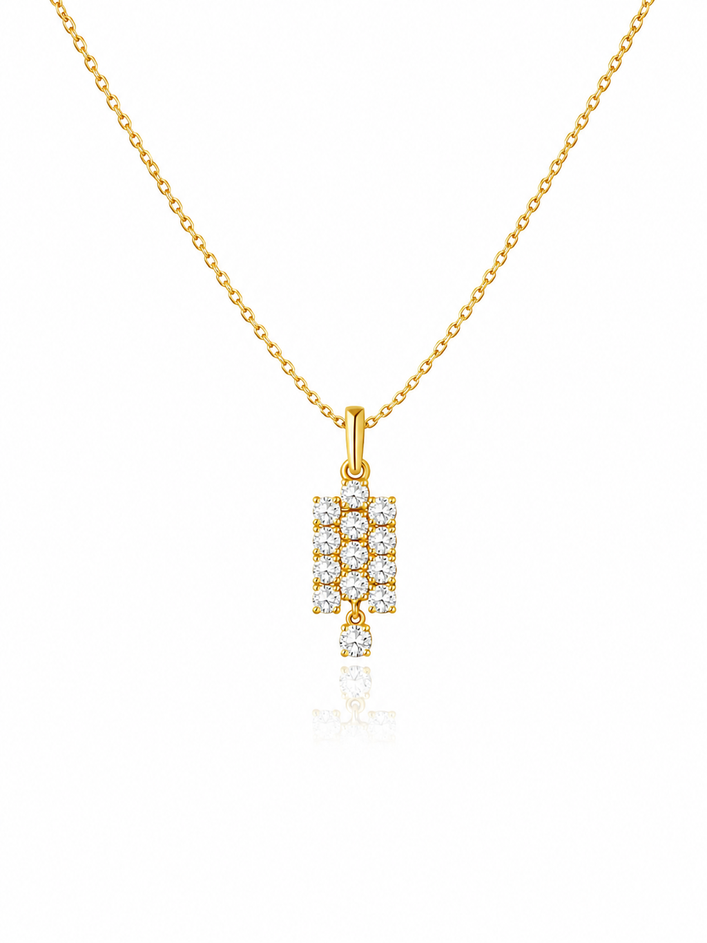 Gold necklace with a rectangular diamond pendant on a white background