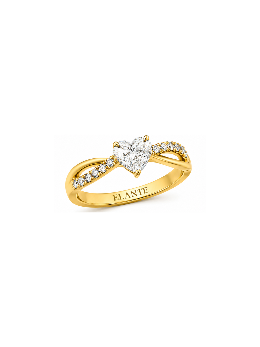 A yellow gold heart-of-palm lab diamond engagement ring with a twisted band accented by small pavé diamonds, featuring the brand name 'ELANTE' engraved on the inside, set against a plain white background.