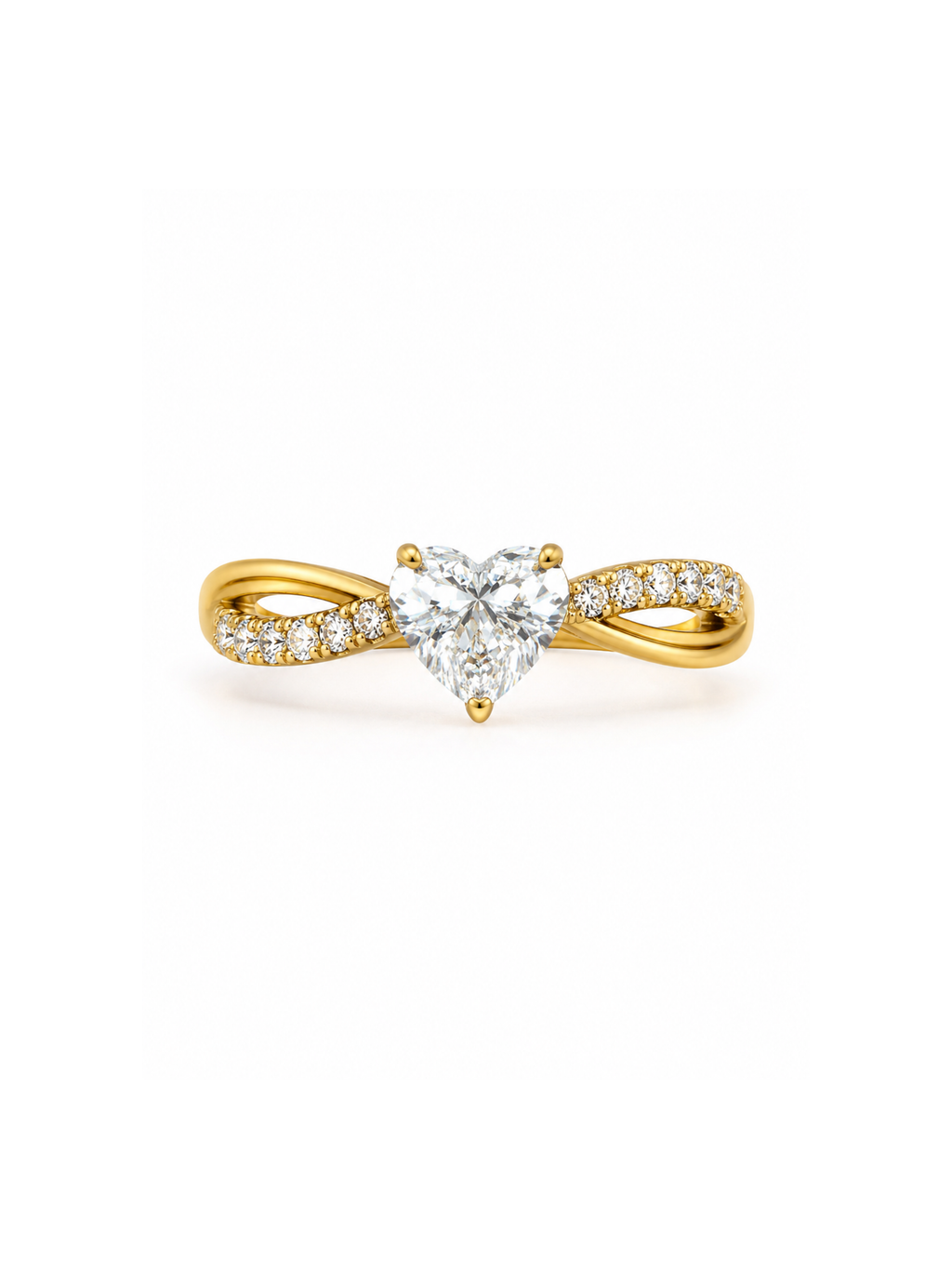 A yellow gold ring featuring a heart-shaped diamond center stone and pavé-set diamonds along an intertwined band, shown on a plain white background.