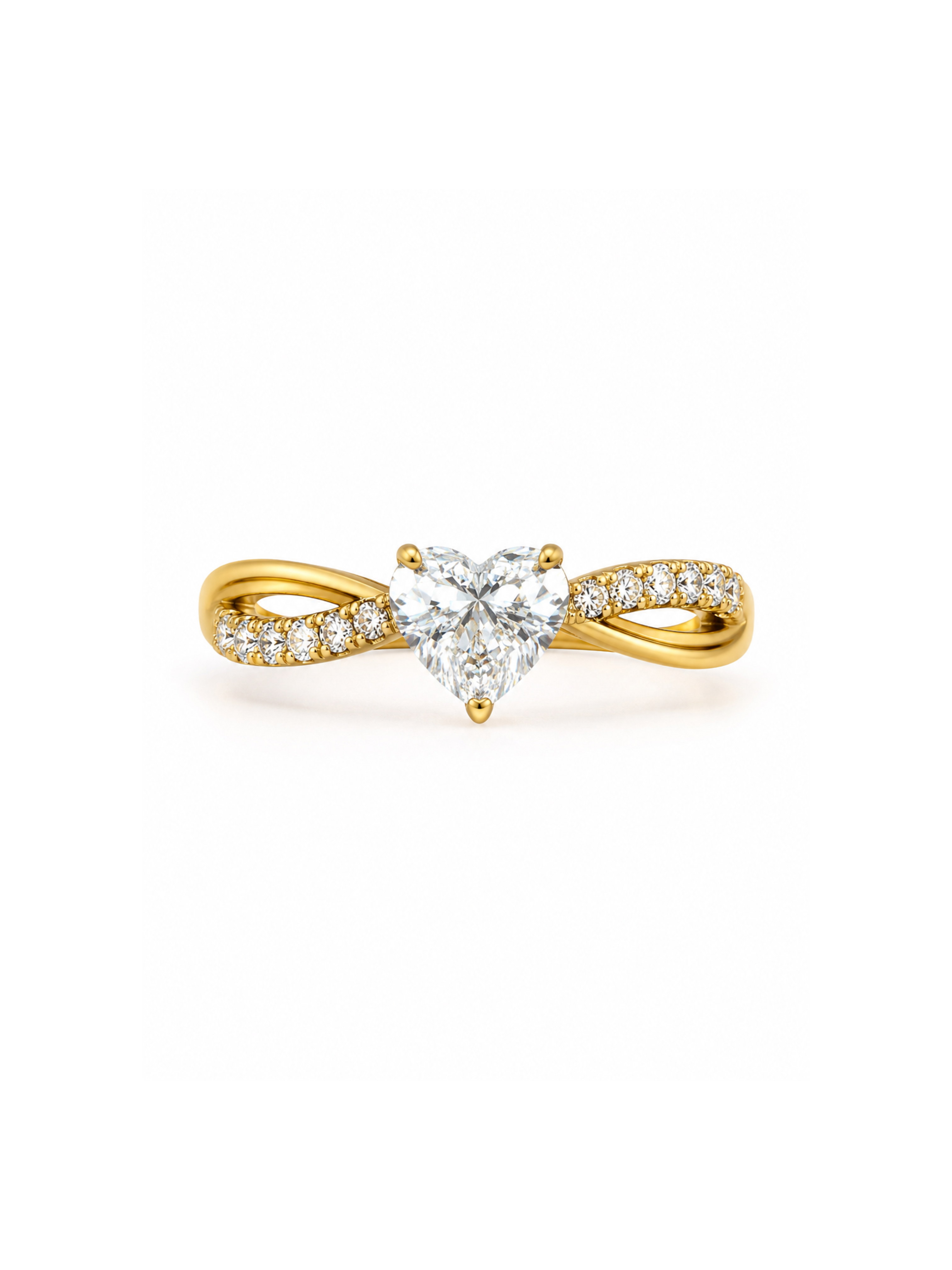 A yellow gold ring featuring a heart-shaped diamond center stone and pavé-set diamonds along an intertwined band, shown on a plain white background.