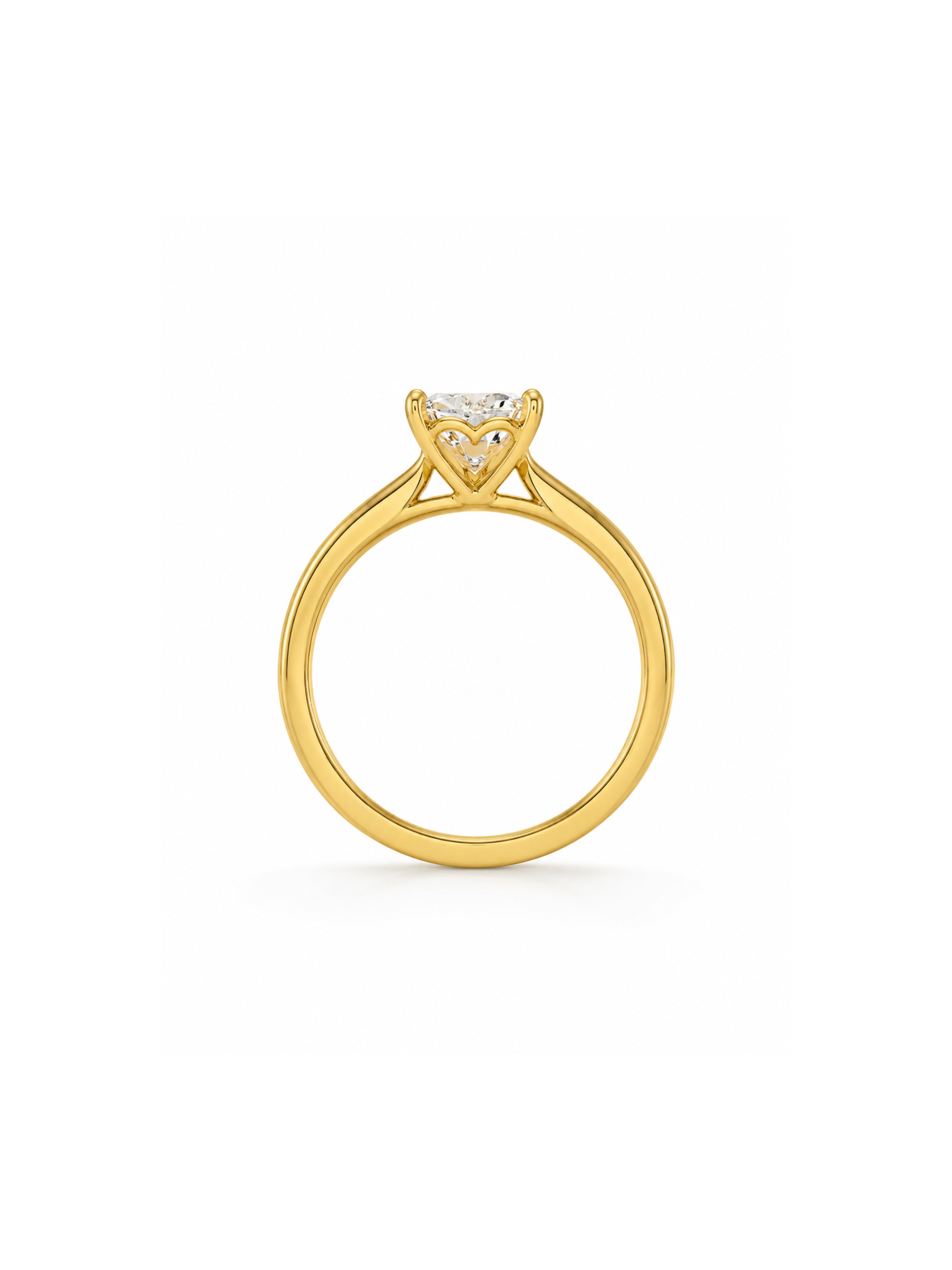 A yellow gold solitaire engagement ring featuring a small triangular cluster of clear stones under a round center stone, shown on a plain white background from brand elante