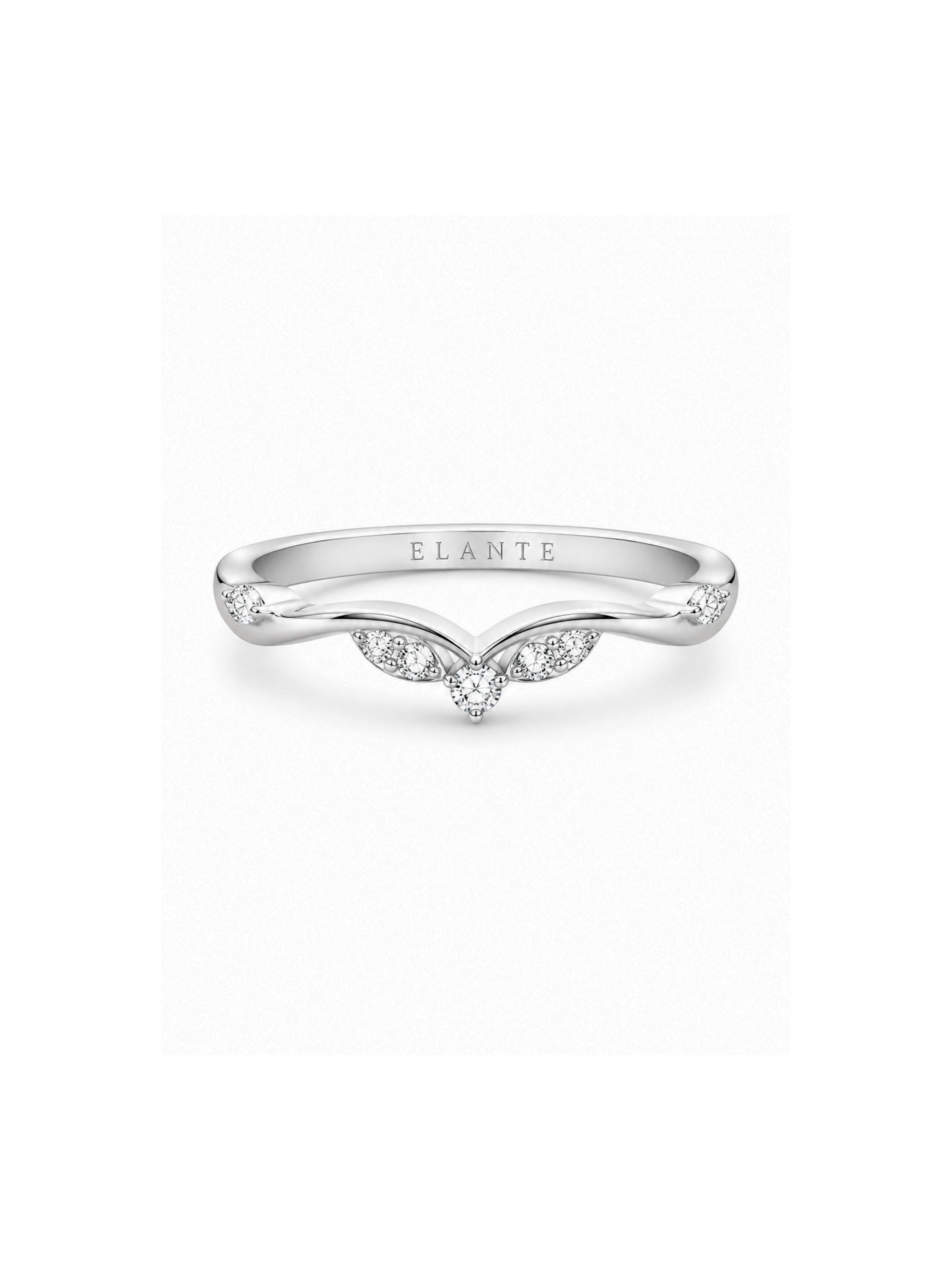 A silver-toned Elante ring featuring a curved, wing-like top with small clear stones and a central round stone, shown on a plain white background.