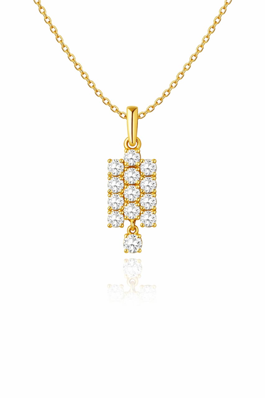 Gold necklace with a diamond pendant on a white background
