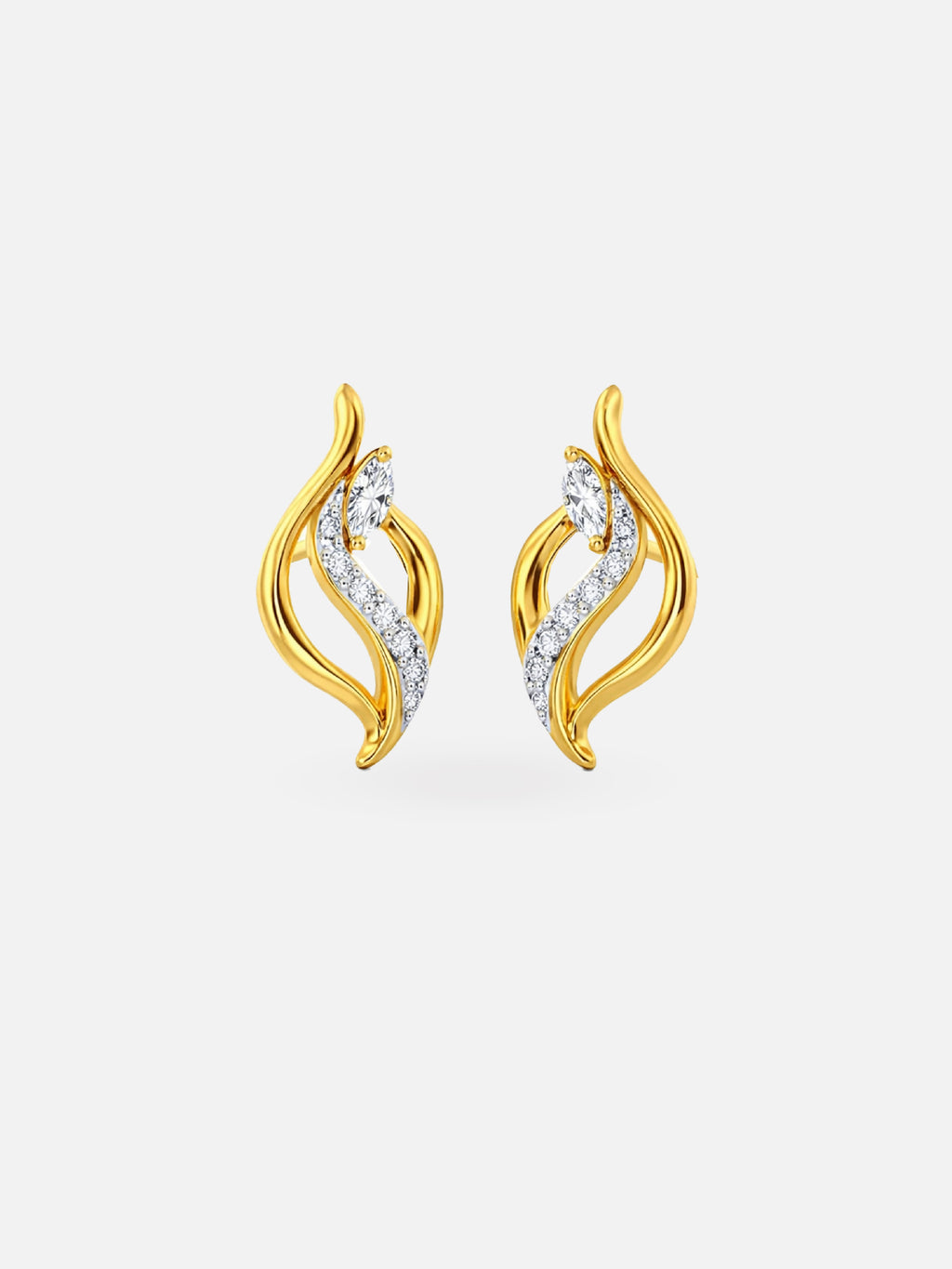 Gold earrings with diamond accents on a white background