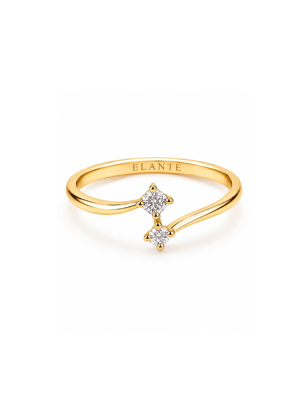 Gold ring with diamond accents on a white background, featuring the brand 'Elante'.