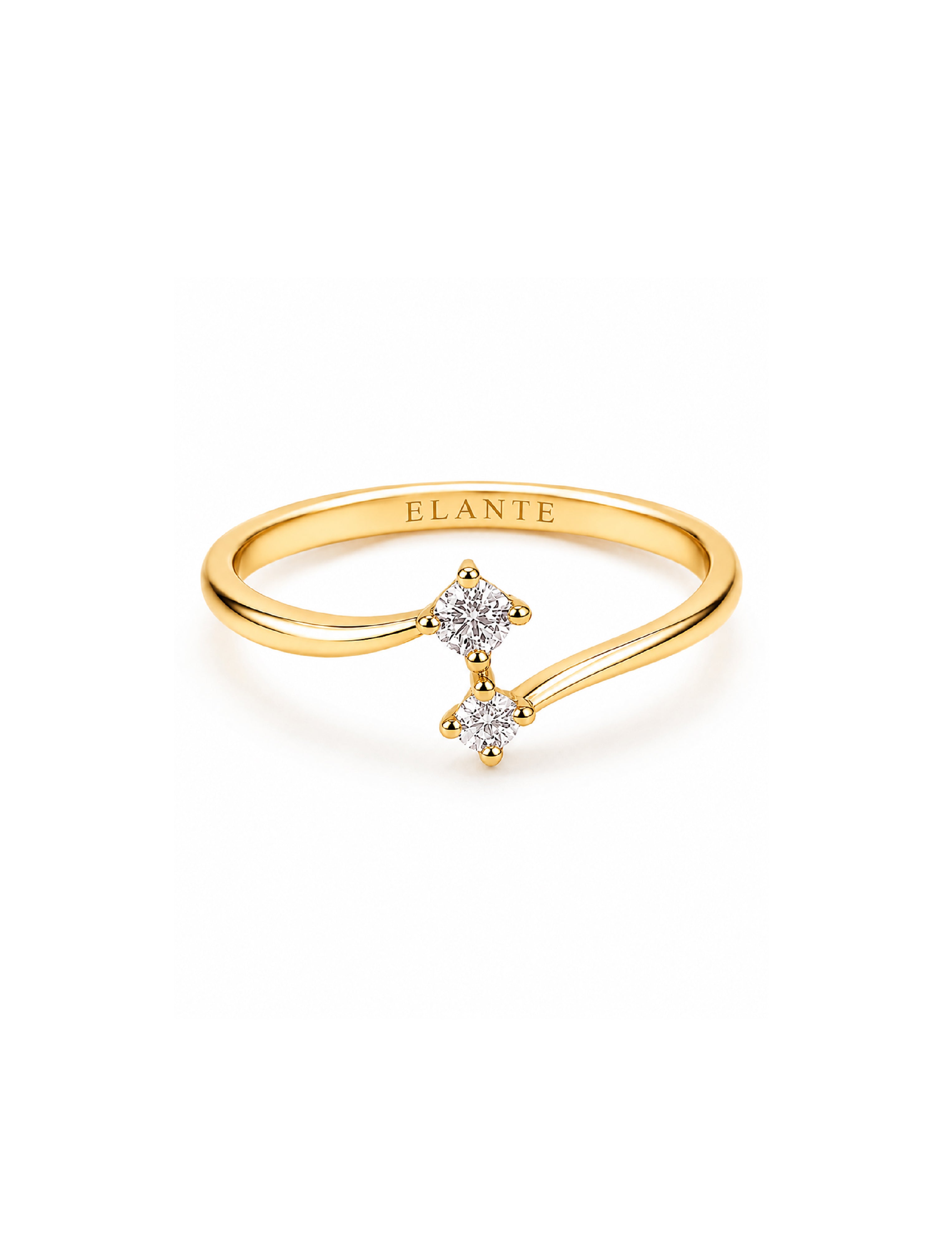 Gold ring with diamond accents on a white background, featuring the brand 'Elante'.