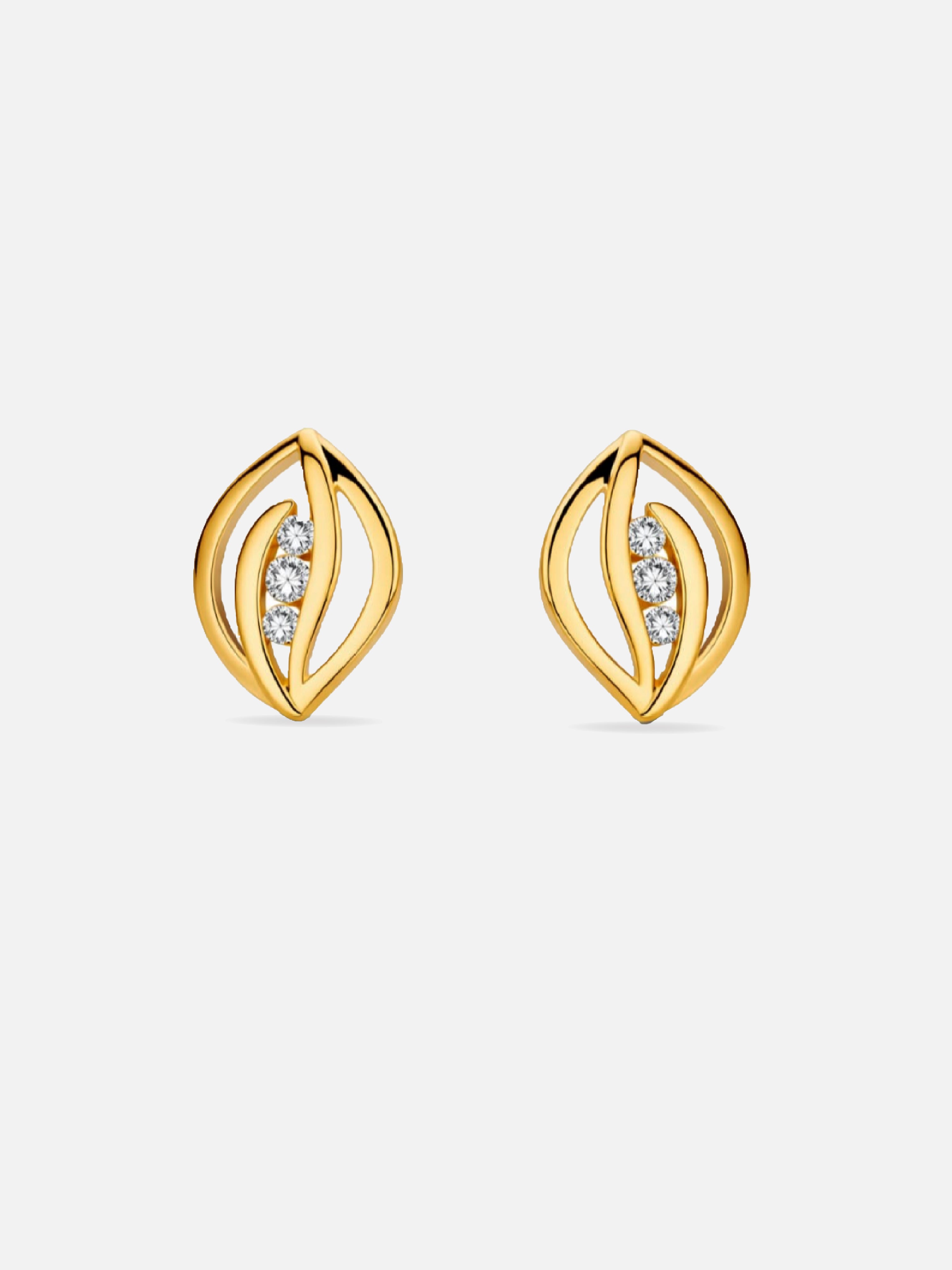 Gold earrings with diamond accents on a white background