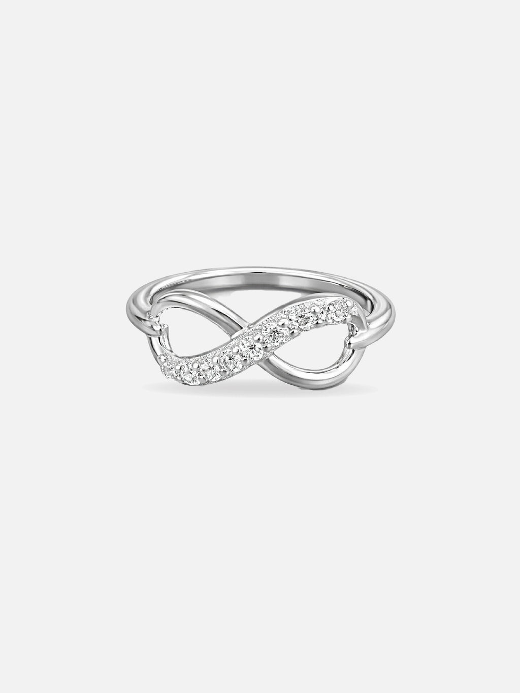 Silver infinity ring with small diamonds on a light gray background